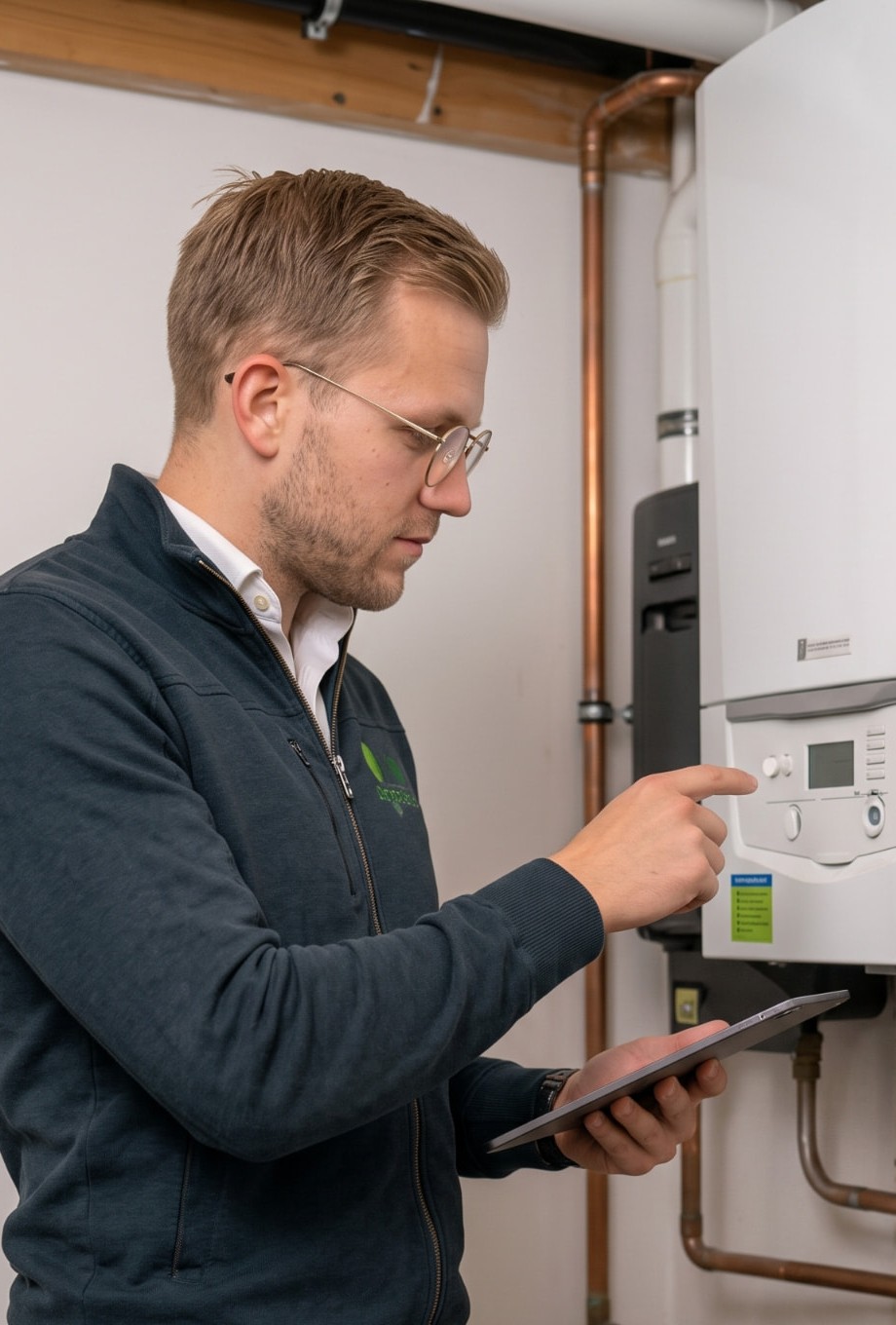 Green Clean Energy-adviseur beoordeelt met een tablet de cv-ketel en verwarmingsinstallatie van een woning